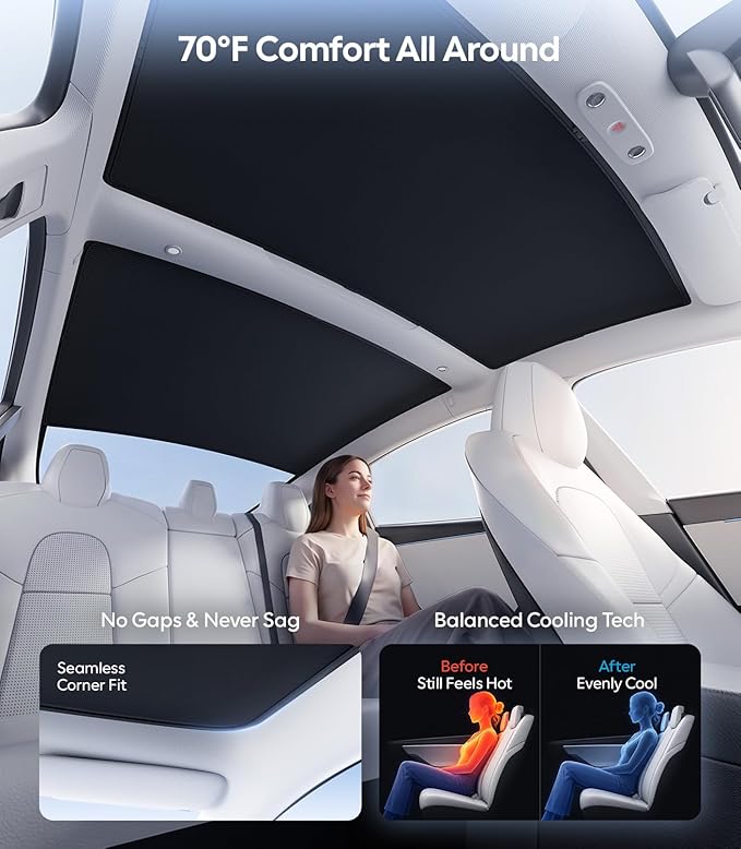Wigoo 2026 Tesla Model 3 Sunshade Roof [Never Sag, Nano Ice-Crystal Coatings] Heat Reflective Glass Roof Sun Shade, Accessories for Tesla Model 3 2020~2026, Tesla Interior Black