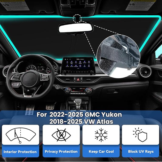 Windshield Sun Shade for 2022-2025 GMC Yukon 2018-2025 VW Atlas | Car Front Window Sunshade with 240T Sun Visor Protector Blocks UV Rays Heat Shield Accessories