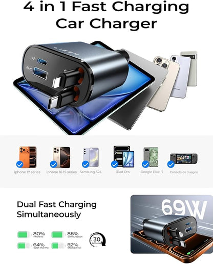 LISEN Retractable Car Charger, [2026 Upgrade 50 inch ] Long 4 in 1 Retractable Cable Car Charger, USB C Car Charger Fast Charging for iPhone 17 16 15 14 13 12 11 X Pro Max Plus Mini, Samsung S26 | Multiple Ports Car Charger, Retractable Car Charger Fas...