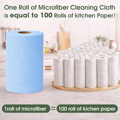Microfiber Cleaning Cloth Roll - 100 Pack Tear Away Microfiber Paper Towels, Reusable, Washable, Scratch-Free, Kitchen Towels for Car, Home, Kitchen, Glass, Dishes (Blue)