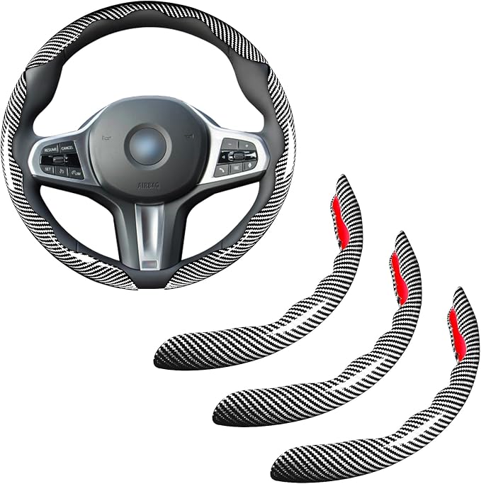 Car Steering Wheel Cover Set Bright Carbon Fiber Wrap Non-Slip 3pcs Steering Wheel Accessories 14.5-15 inch Universal (Silver)