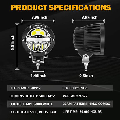 Auxbeam 4 Inch 100W Round Offroad Lights, LED Driving Light Pods with Hi/Lo/Combo Beam Design, 10000LM Super Bright Work Fog Light with Wiring Harness for Truck Pickup SUV ATV UTV 4x4