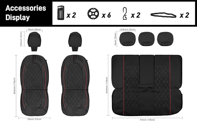 CAROMOP Luxury PU Leather Car Seat Covers Full Set-Waterproof Seat Protectors with Split Bench Seat Covers for Cars-Universal Cars Interior Covers for Sedans, SUVs, Pick-up Trucks (Black/Red Line)
