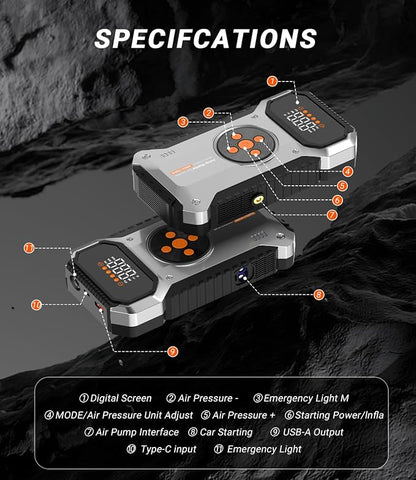 Car Jump Starter with Air Compressor, 4000A 12V Portable Jump Starter (All Gas/9L Diesel), Car Battery Jump Box with 150 PSI Tire Inflator, 3 Modes Flashlight, Storage Case, Jumper Cables