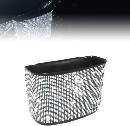 Bling Crystal Car Trash Can Auto Hanging Car Trash Can Sparkling Storage Holder Litter Container for Vehicle Office Home (White Rhinestone)
