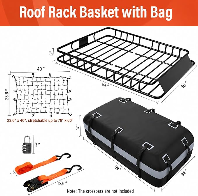 Heavy Duty Universal Rooftop Cargo Carrier Roof Rack, 64"x36"x5" Roof Rack Basket with 20 Cu.Ft Waterproof Bag, for SUV, Truck and Van, 250lbs Capacity, Corrosion Resistant (ROOF 64" and Bag)