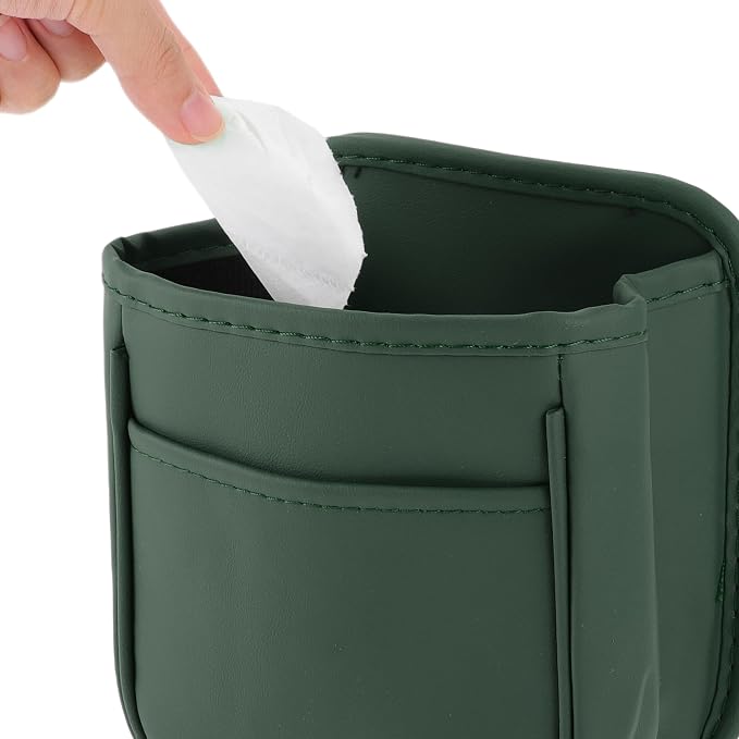 Car Trash Can Portable and Hanging 5.9" Length 3.9" Width 7.1" Height Trash Bin Faux Leather Green 1 Pcs