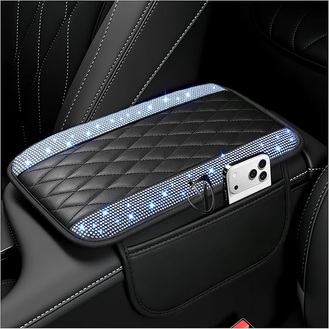 Stacool Upgraded Car Center Console Cover with Rhinestones,Microfiber Leather Car Armrest Cover Cushion with 2 Storage Bags,Universal Cars Armrest Storage Box as Cars Interior Accessories
