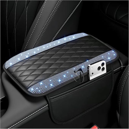Stacool Upgraded Car Center Console Cover with Rhinestones,Microfiber Leather Car Armrest Cover Cushion with 2 Storage Bags,Universal Cars Armrest Storage Box as Cars Interior Accessories