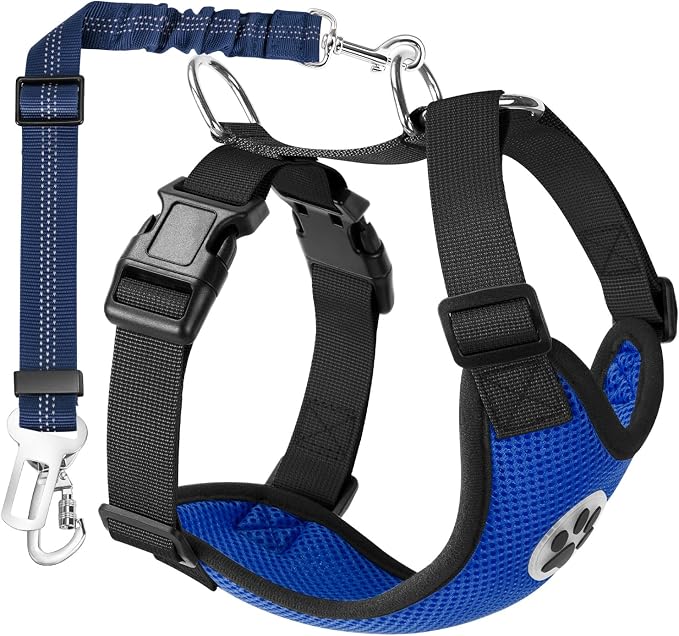 Lukovee Dog Car Harness Seat Belt, Adjustable Mesh Breathable Vest with Elastic Bungee Tether, Soft Padded 2-in-1 Safety Car Harness Seatbelt for Small Medium Large Dogs (Blue,M)