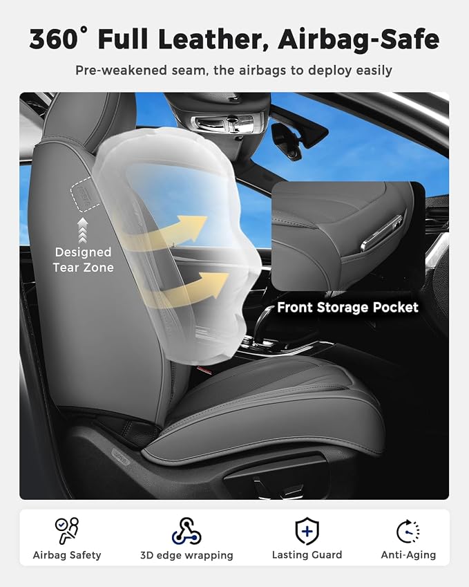 Huidasource Gray Front Seat Covers Luxury Nappa Leather, Front Car Seat Covers with Airbag, Front Storage Pocket, Lumbar Support, Cooling＆Heating, Universal Fit for Most Cars SUV Trucks, Gray