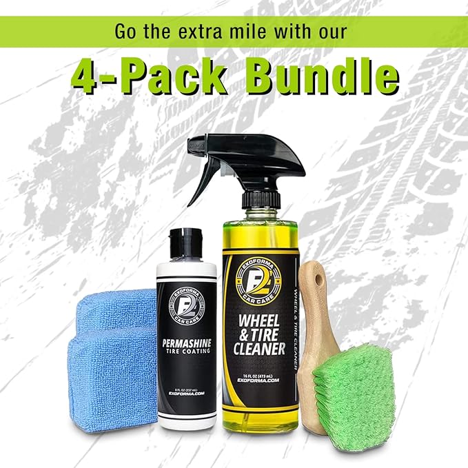 ExoForma - 4-Pack Bundle - Permashine Tire Coating & Dressing, Wheel & Tire Cleaner, Wheel & Tire Brush, Premium Microfiber Applicator - Remove Dust, Dirt, & Grime and Experience Lasting Shine