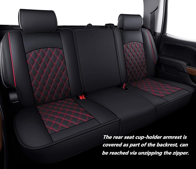 Aierxuan Truck Seat Covers for Chevy Silverado GMC Sierra Trail Boss Z71 Pickup 2007-2026 1500 2500HD 3500HD Crew Double Extended Cab Waterproof Leather (Full Set, Black-Red)