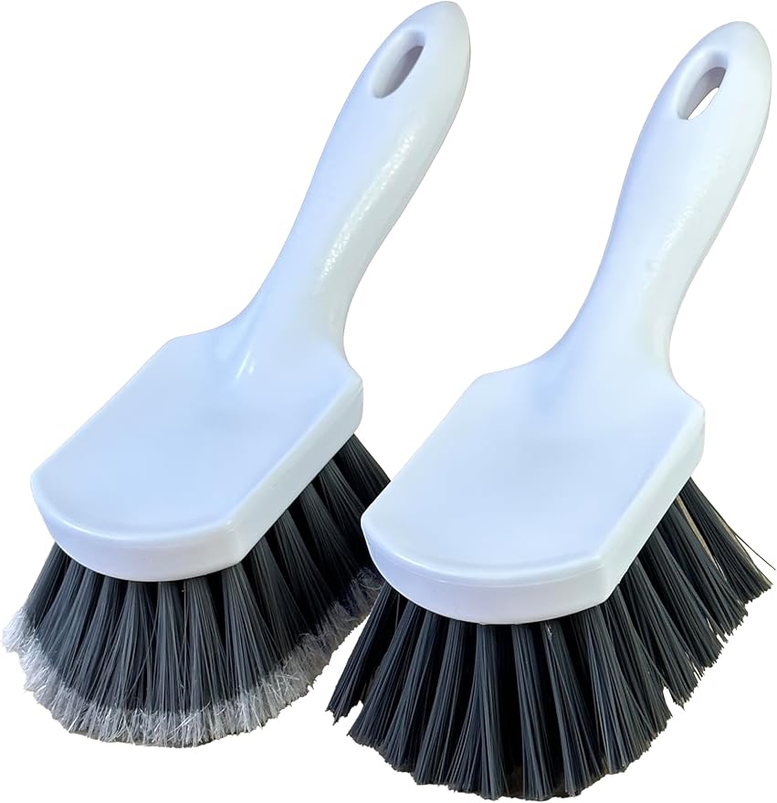 Short Handle Car Wheel and Tire Brush | Auto Detailing Car Wash Brush | Deep Cleaning Brush for Tires, Rims, Wheel Wells, Carpets, and Upholstery | Soft Bristles and Stiff Bristles | Pack of 2