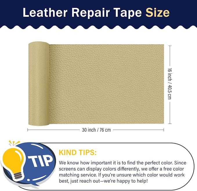 Zenyao Leather Repair Patch Tape - Self Adhesive Leather Repair Kit for Car Seat Furniture, Heavy Duty Vinyl Repair Patch for Couch Sofa, Waterproof Fix for Tears, 12x30 Inch Roll, White Khaki