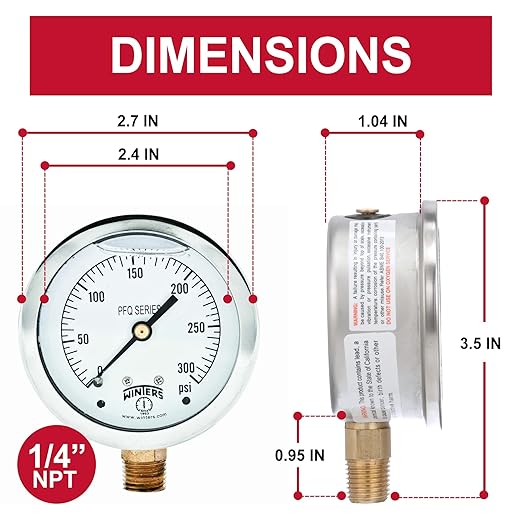 Winters 2-1/2" Dial Size, Liquid Filled Industrial Pressure Gauge, Brass Internals, 304 Stainless Steel Case, Single Scale 0-300 psi, 1.5% Acc, 1/4" NPT Bottom Mount, Glycerin Filled Pressure Gauge