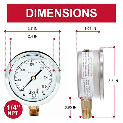Winters 2-1/2" Dial Size, Liquid Filled Industrial Pressure Gauge, Brass Internals, 304 Stainless Steel Case, Single Scale 0-300 psi, 1.5% Acc, 1/4" NPT Bottom Mount, Glycerin Filled Pressure Gauge