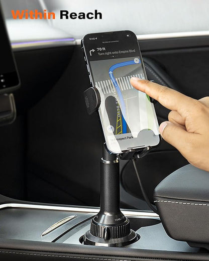 APPS2Car 15W Qi Wireless Car Charger Solid Cup Holder Mount, Adjustable Long Arm & 360° Rotation, Fits 3"–4" Round Cup Holders, Works with Cases ≤ 4 mm (No Metal Attachments)