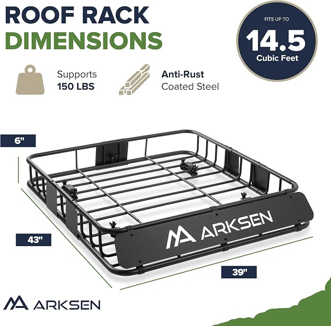 ARKSEN 43" x 39" x 6" Roof Rack Basket with Extension, Cargo Net & Ratchet Straps, 150 lb Heavy-Duty Steel Cargo Carrier, Fits Crossbars up to 1.38" Thick, for SUV & Pickup Truck