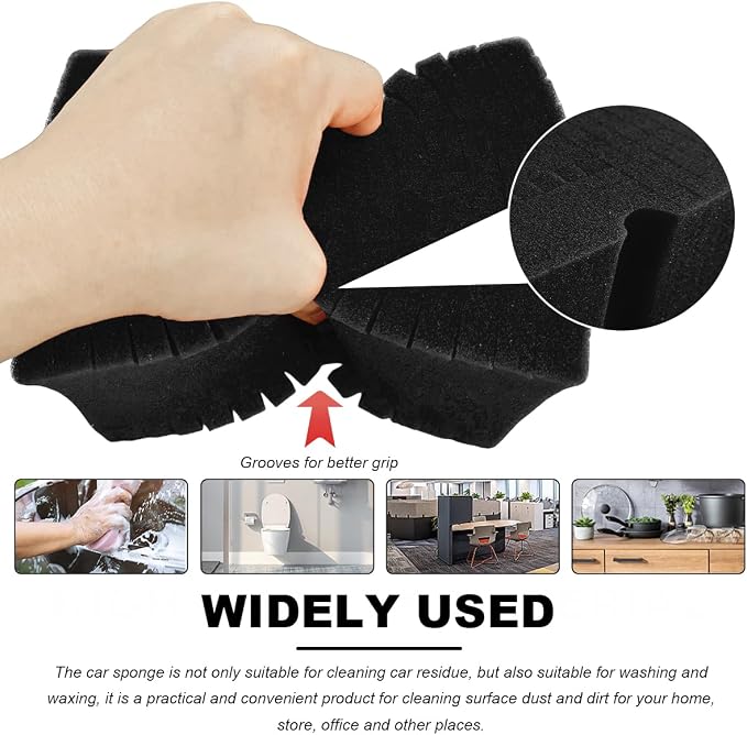 Car Wash Sponge, Large Scratch-Free Cross Cut Sponge for Soap and Rinseless Washing, Durable Ultra Soft Foam Grid Extra Absorbent Car Cleaning Sponge Pad, Car Accessories (Black)