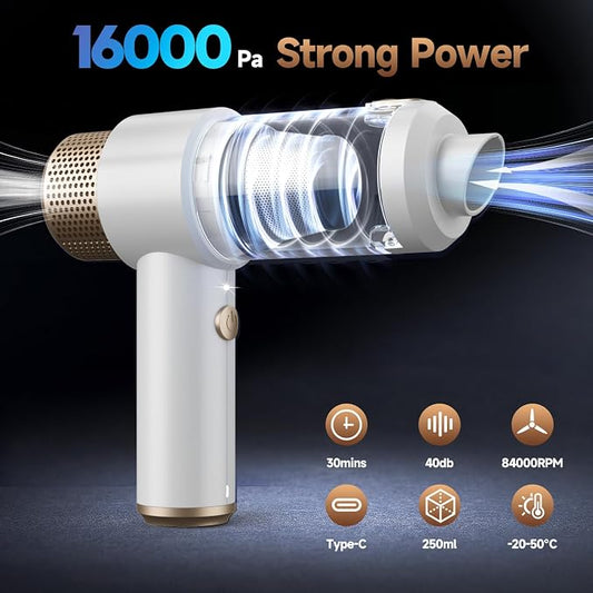 Vizeusvac Car Vacuum Cleaner, 16000PA Mini Car Vacuum Cordless Powerful, 7 in 1 Portable Handheld Vacuum Cordless with LED Light, Dual Filters, One-Touch Empty for Pet Hair, Home, Office