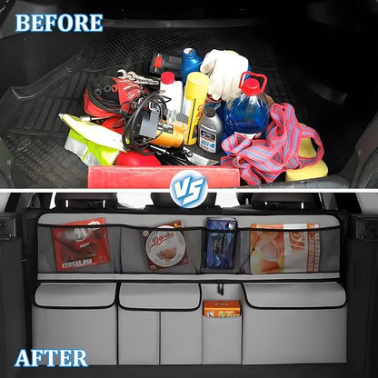 HZEL Car Trunk Organizer, Collapsible Large Capacity Vehicle Backseat Hanging Storage Bag with 9 Pockets, Automotive Interior Backseat Organizer, Universal for SUV RV Truck (Grey)