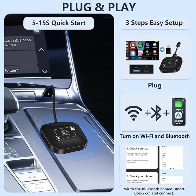 Wireless CarPlay & Android Auto Car Adapter 2 in 1 for Wired Cars - Faster Connection, Plug & Play - Fit for Apple iPhone iOS 10+ Android