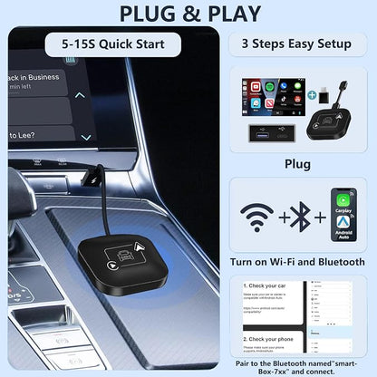 Wireless CarPlay & Android Auto Car Adapter 2 in 1 for Wired Cars - Faster Connection, Plug & Play - Fit for Apple iPhone iOS 10+ Android