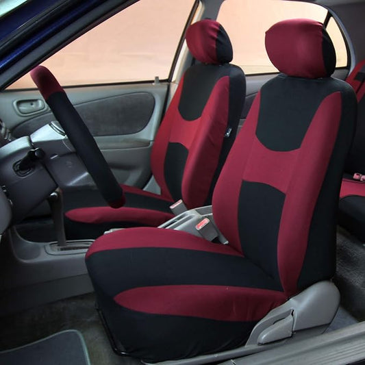 FH Group Car Seat Covers Combo Full Set with Carpet Floor mats Steering Wheel Cover and Seat Belt Pads- Universal Fit for Cars Trucks and SUVs (Burgundy)