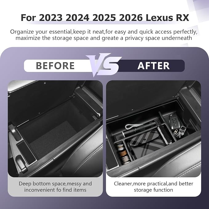 LUWU 2025 2026 Lexus RX350 Center Console Organizer for 2023 2024 2025 2026 Lexus RX350/RX450/RX500 Accessories Armrest Console Storage Box Glove Organizer Tray ABS Material Black