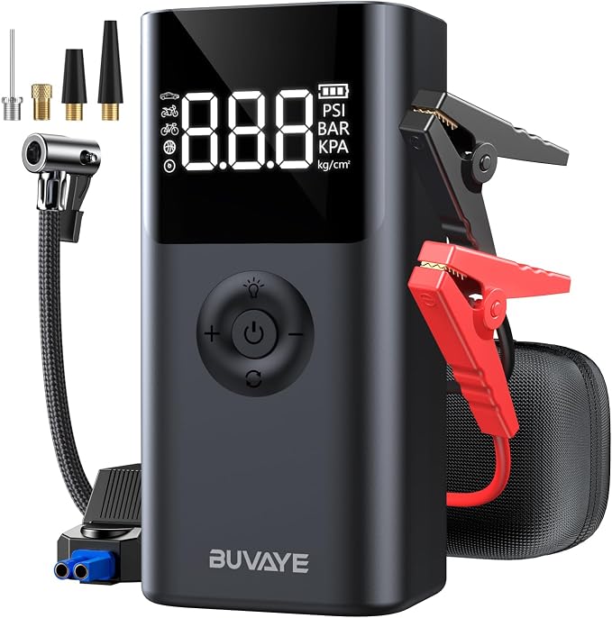 BUVAYE 4000A Jump Starter with Air Compressor, 150PSI Tire Inflator, 12V Portable Car Battery Jumper, Auto Shutoff, Digital Gauge, Smart Clamps, Carry Case