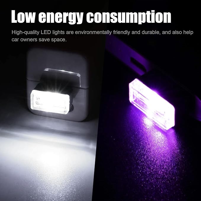 Ziciner 4 PCS USB LED Car Interior Atmosphere Lamp, Portable Mini LED Night Light, Plug-in USB Interface Trunk Ambient Lighting Kit, Universal Interior Accessories for Most Vehicles (White, Purple)