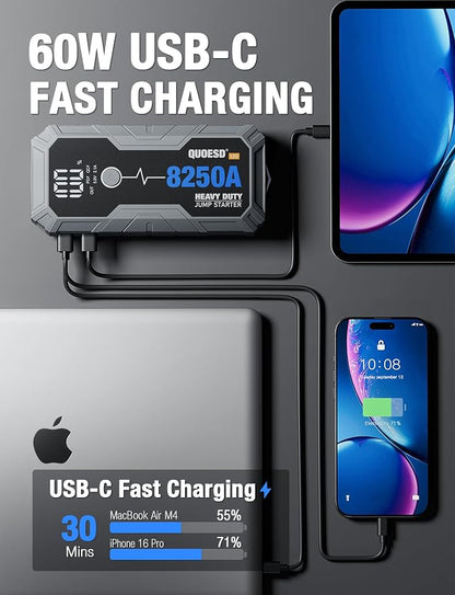 8250A Jump Starter Battery Jump Starter Battery Pack (for All Gas or 10.0+L Diesel), 12V Potable Heavy Duty Car Jump Start with 60W Power Bank 24-Months Stand-by Time