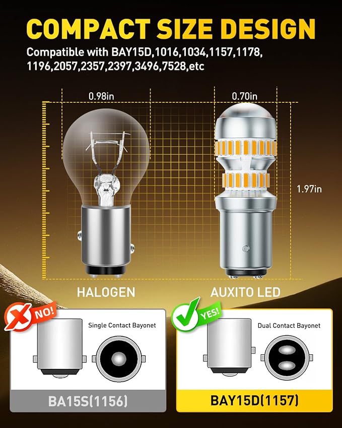 AUXITO Upgraded 1157 LED Bulb Amber Yellow Super Bright 2057 2357 7528 BAY15D LED Replacement Light Kit for Front Rear Turn Signal Light Blinker Parking DRL Tail Lights, Pack of 2