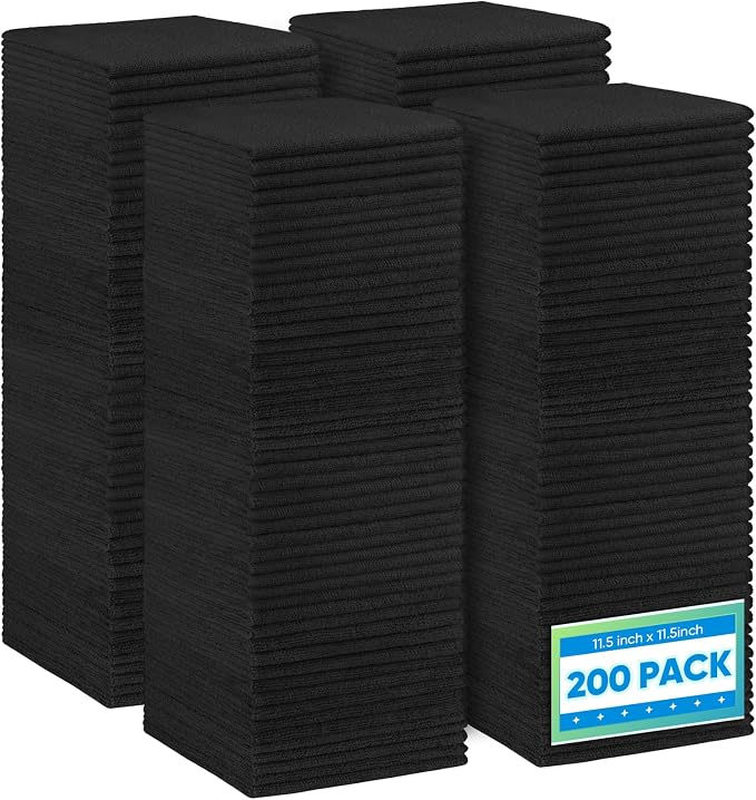 HOMEXCEL Black Microfiber Cleaning Cloth 200 Pack, 11.5 x 11.5 inch Bulk Shop Towels | Reusable Cleaning Rags for Cars, Kitchen, Window, Garage and House, Ultra Absorbent, Lint Free, Streak Free