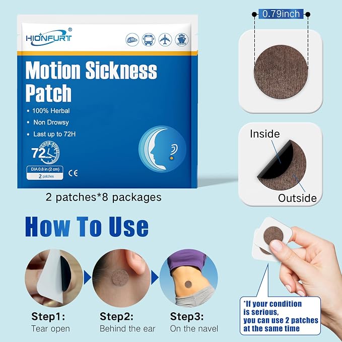 Hionfurt 80ct Motion Sickness Patches – Sea Sickness Patches for Cruise, Car, Airplane, and Other Travel – Non-Drowsy, Effective, Lasts 72 Hours