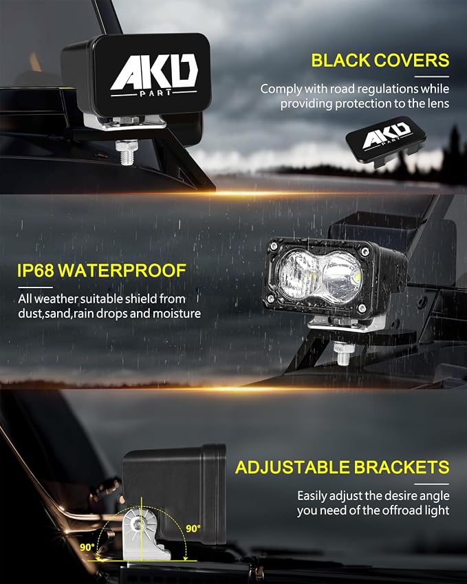 LED Pods with Wiring Harness & Black Covers 3" 40W CREE LED Ditch Lights Spot Flood Combo Offroad Driving Lights for Trucks Motorcycle SUV UTV ATV Dirt Bike