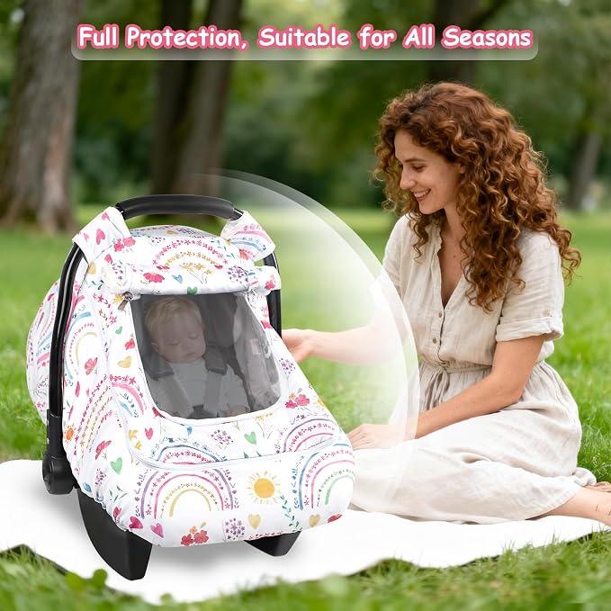 Winter Car Seat Cover Baby with Sunshade & Dual Zipper Windows - Minky Bubble Lined Windproof Soft Shell, Warm Newborn Car Seat Canopy Covers, Elastic Bottom for Stroller & Infant Car Seat, Rainbow