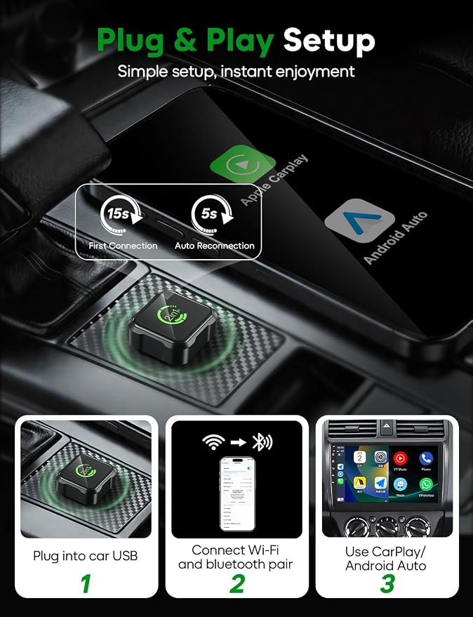 2026 Upgraded Wireless CarPlay & Android Auto Adapter, 2-in-1 Mini Size Plug and Play Adapter for iPhone & Android Auto, Seamless Connection for Convert Wired to Wireless Car Play, USB/USB-C Port