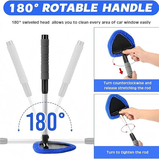 Windshield Cleaning Tool, Extendable Handle Car Window Cleaner with 5 Reusable and Washable Microfiber Pads, Auto Glass Wiper Kit for Interior & Exterior, Ideal for Dirty Car Windows (Green)
