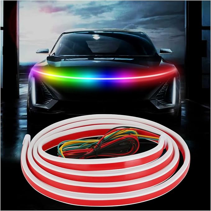 Car LED Hood Light Strip, 12V Flexible Waterproof Daytime Running Lights for Car, Universal Engine Cover Decoration Accessories for Cars, SUVs, Trucks, Dynamic Scan Start-up Effect (RGB, 70 Inches)