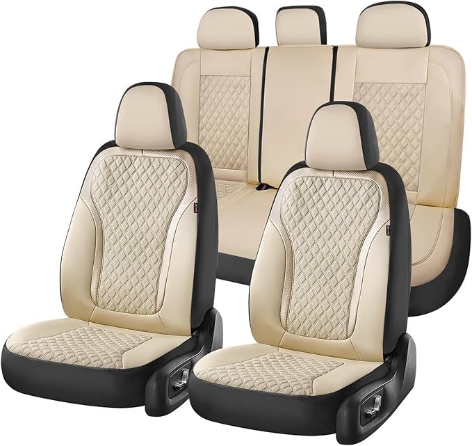 Coverado Car Seat Covers Full Set, Beige Car Seat Covers, Luxury Leather Car Seat Cover with Carbon Fiber Textured Design, Spill-Proof Seat Cushions, Automotive Seat Cover Universal Fit Most Cars