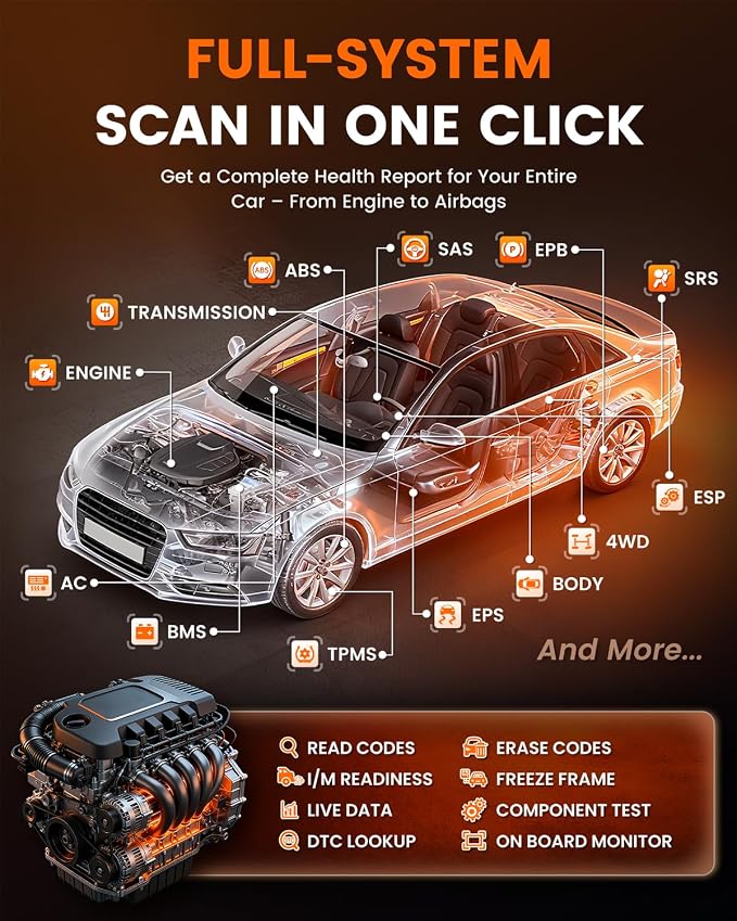 ANCEL DS200 OBD2 Scanner Full System Car Diagnostic Tool, Code Reader with 15+ Reset Services, ABS SRS Transmission Engine Scanner, Oil Reset Battery Matching ABS Bleeding DPF Regen, Lifetime Updates