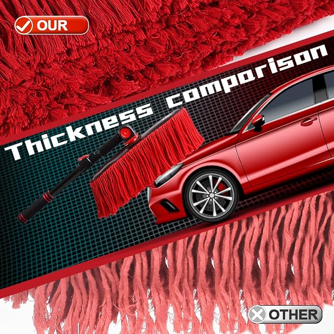 Car Duster Exterior with Extendable Handle, Scratch Free Auto Wash Brush Mop, Interior Detailing Kit for Truck RV Boat - 2in1-2 Heads (Chenille & Wax Cotton) with 1 Pole, Red Black