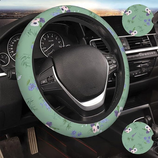 Sage Green Floral Plant Car Steering Wheel Cover