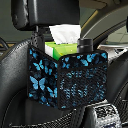 Car Backseat Organizer, PU Leather Back of Seat Cars Hanging Organizer with Pockets Leakproof Car Garbage Bag Hanging Cars Seat Storage Box Travel Accessories Foldable (Blue Butterfly)