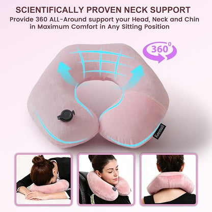 Keemall Inflatable Neck Pillow,Inflatable Travel Pillow Premium Pink U-Shaped with Soft Washable Cover, Compact Portable Airplane Travel Essentials for Flight, Car and Office, Travel Gift for Women