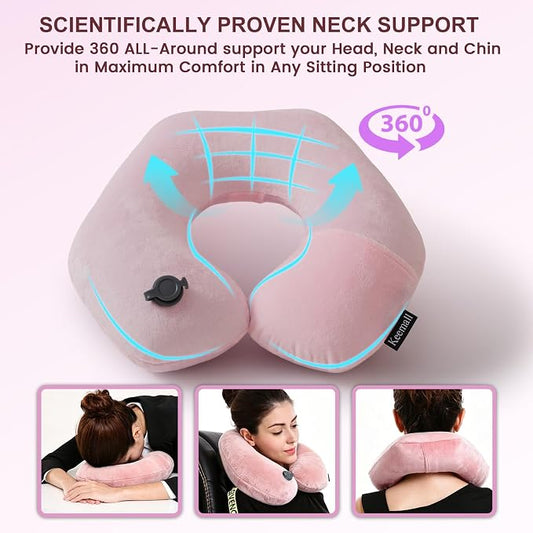 Keemall Inflatable Neck Pillow,Inflatable Travel Pillow Premium Pink U-Shaped with Soft Washable Cover, Compact Portable Airplane Travel Essentials for Flight, Car and Office, Travel Gift for Women