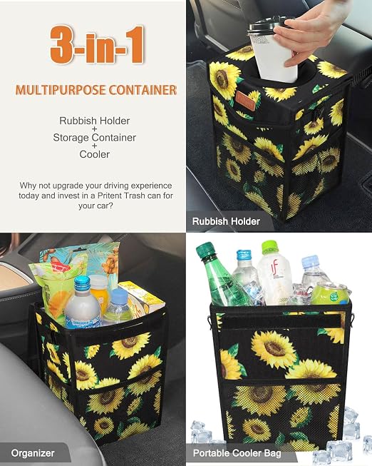 Pritent Car Trash Can with Lid, Cute Leakproof Car Trash Garbage Bag Hanging Vehicle Trash Bin Small Portable Automotive Garbage Cans Organizer for Back/Front Seat/Console(Trapezoid,Sunflower)