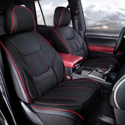 Coverland Custom SUV Car Seat Covers Front Seats for [2006-2026 Audi Q7] - Protector Car Seat Cover Water Resistant Leather Memory Form Back Support Seat Cushion [Front - Black with Red Stitching]
